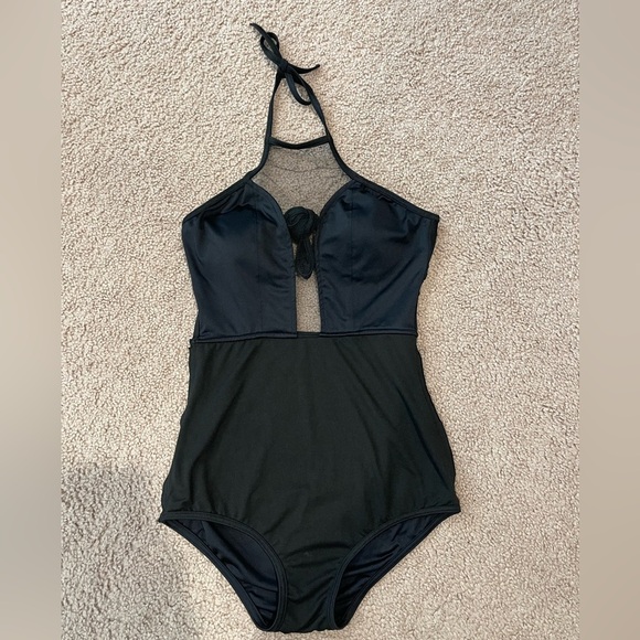 No Brand 1piece Mesh-Accent Halter Black Swimsuit - Picture 2 of 6